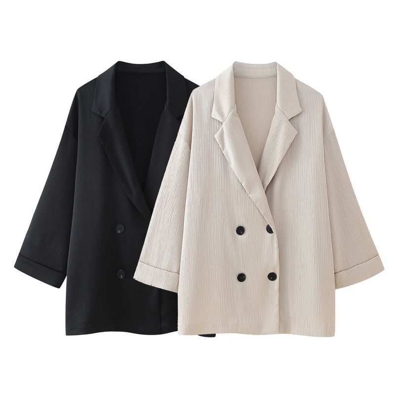 Roupas femininas estilo de rua com efeito amassado, blazer trespassado, calças com efeito amassado_voghion.com