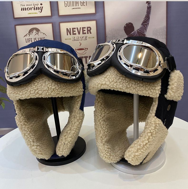 Pilot Hat For Men And Women Outdoor Riding Warm Skiing Cold Hat Cold Protection Ear Protection Plush Canvas Splicing Lei Feng Hat_voghion.com