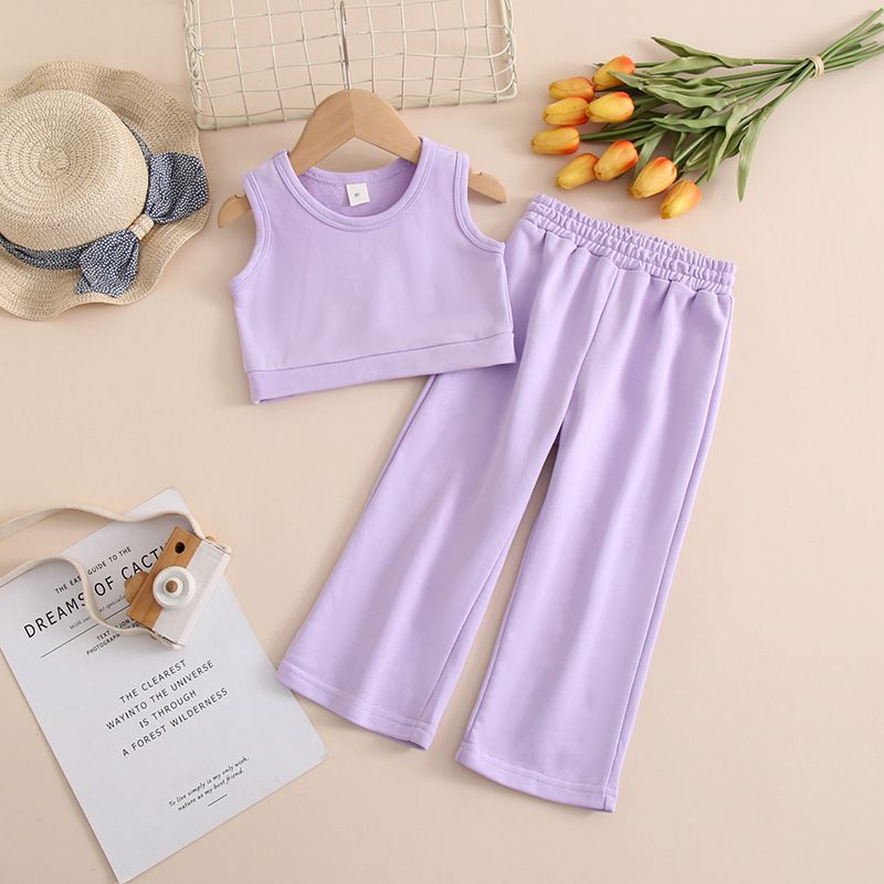 Mère et enfants vêtements pour enfants filles mode décontracté gilet sans manches couleur unie ensemble ins vent deux pièces ensemble_voghion.com