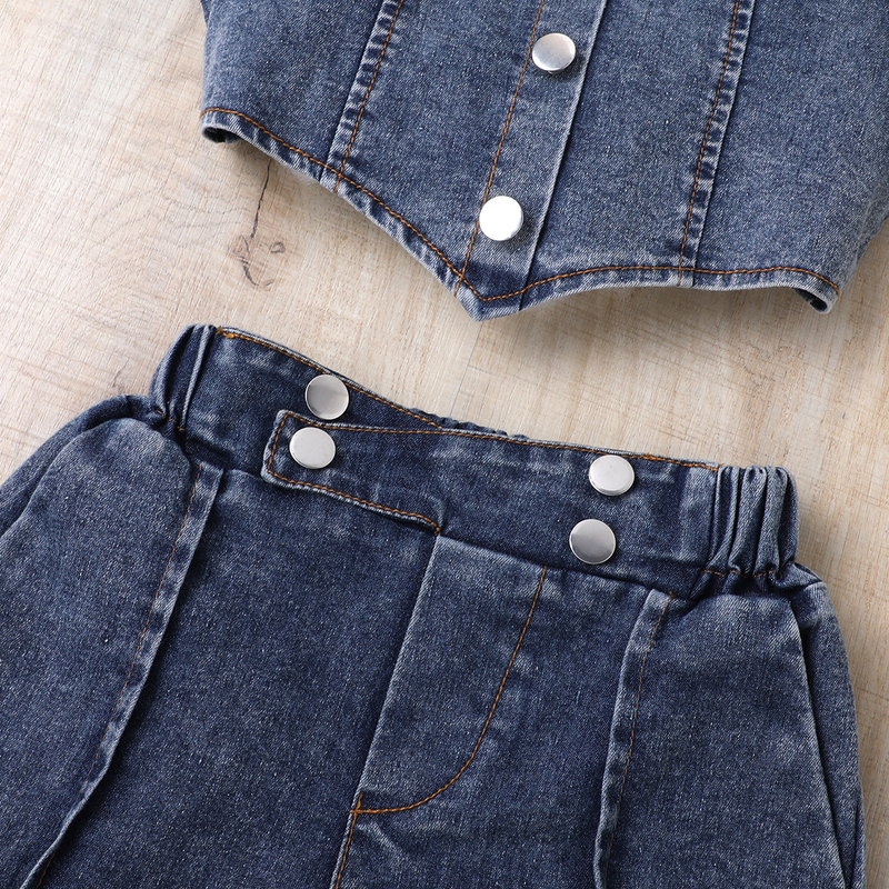Babykleding Kinderjurk Zomers denim pak met geribde kraag, lantaarnmouwen en bloemendessin voor meisjes_voghion.com