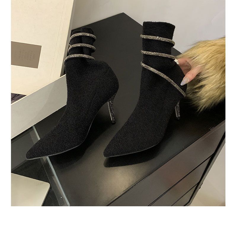 2025 Autumn/Winter New Pointed Toe Rhinestone Short Black High Heel Elastic Knitted Slim Fit Sock Boots For Women_voghion.com