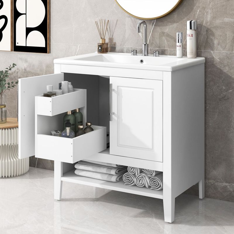 30" Bathroom Vanity With Sink, Multi-functional Bathroom Cabinet With Doors And Drawers, Solid Frame And MDF Board, White_voghion.com