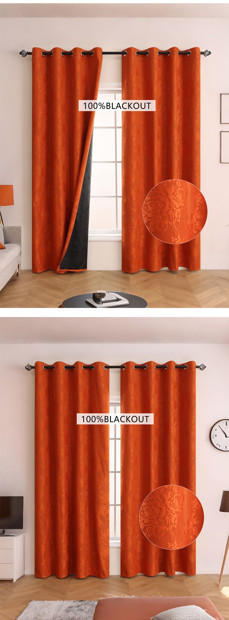 Blackout Curtains With Jacquard Design For Living Room & Bedroom - Thermal Insulated, 100% Light Blocking, 1 Panel (Orange/Green)_voghion.com