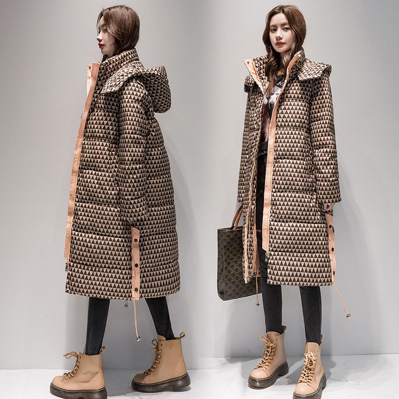 Women's Long Plaid Puffer Coat With Hood, Thickened Knee-Length Quilted Down Jacket For Winter, Oversized Casual Parka_voghion.com
