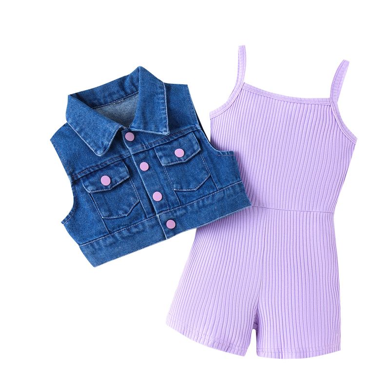 Baby clothes Children's fashion summer girls solid color pit strip onesie + denim vest suit_voghion.com
