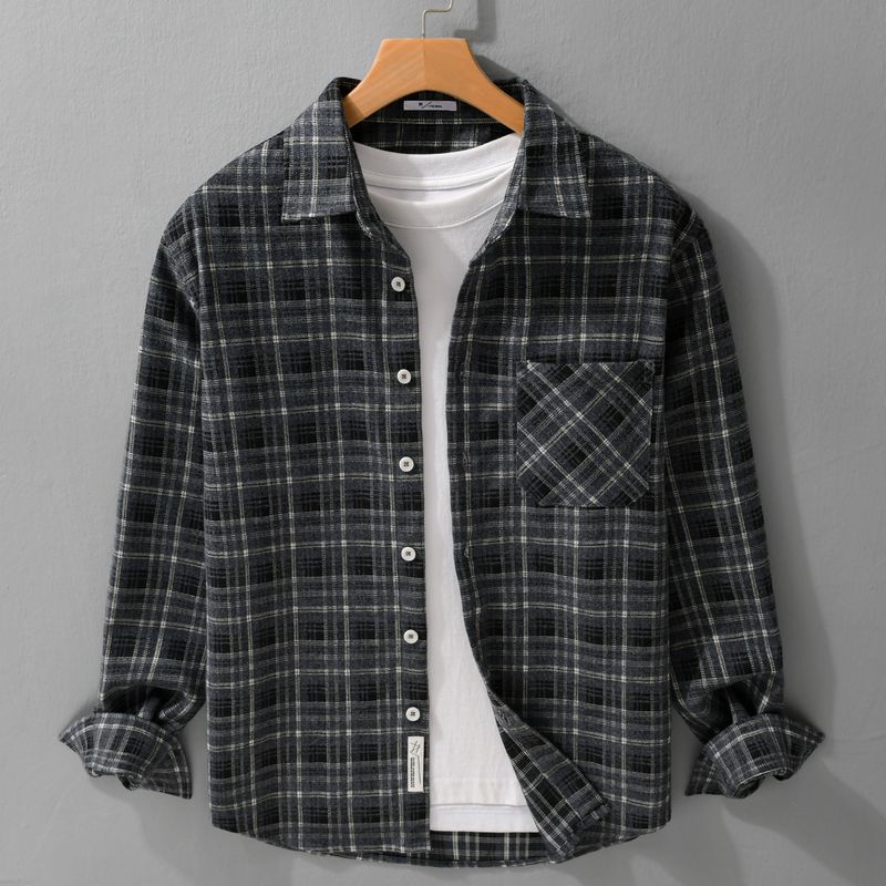 Trendy Plaid Long Sleeved Shirt For Men, Fashionable And Versatile, Artistic And Casual, Loose Brushed Top Jacket_voghion.com