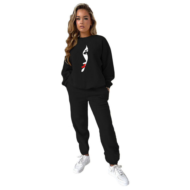 Zweiteiliges Damen-Set mit bedrucktem Kapuzenpullover und Rundhalsausschnitt_voghion.com