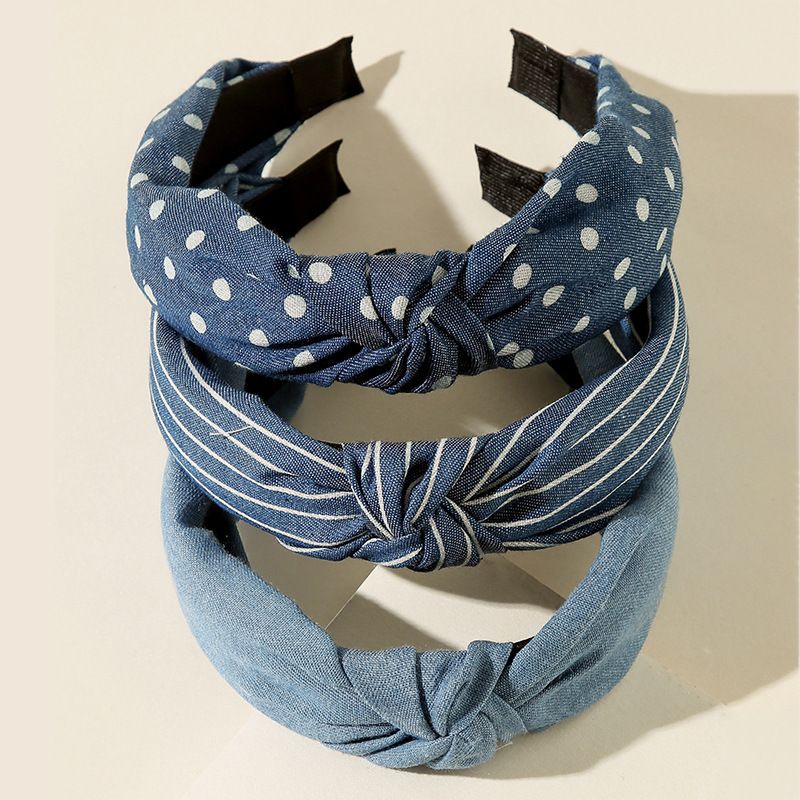 Fascia per capelli con linguetta a righe in denim, versatile per donna, primavera ed estate, con bordo largo e forcina_voghion.com