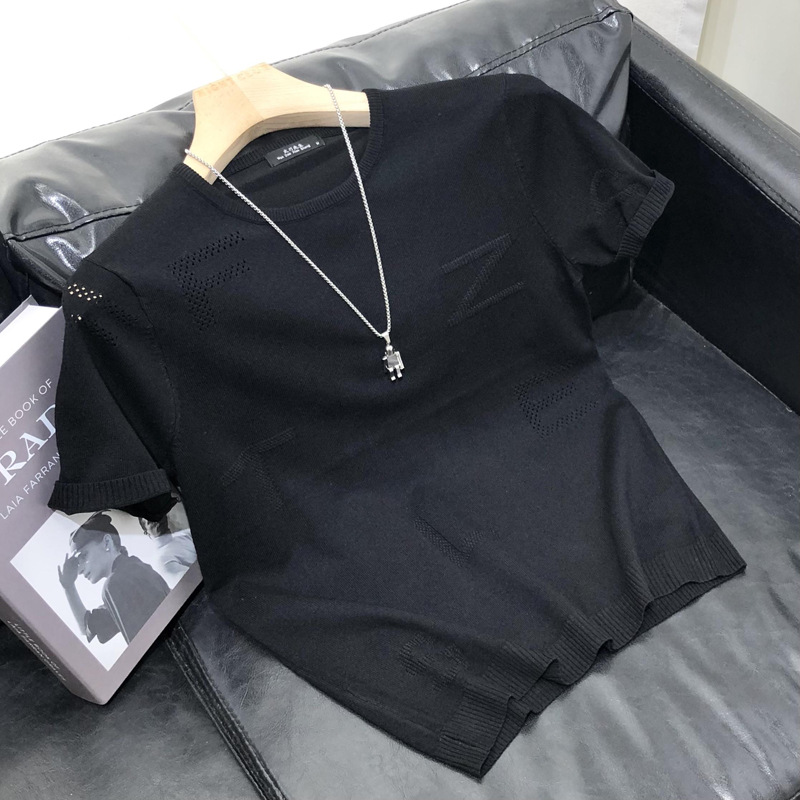 Herretøj Forår og efterår Hot stil Cool Åndbar Slank Afslappet Mode Strikketrøje Herre Kortærmet T-shirt_voghion.com