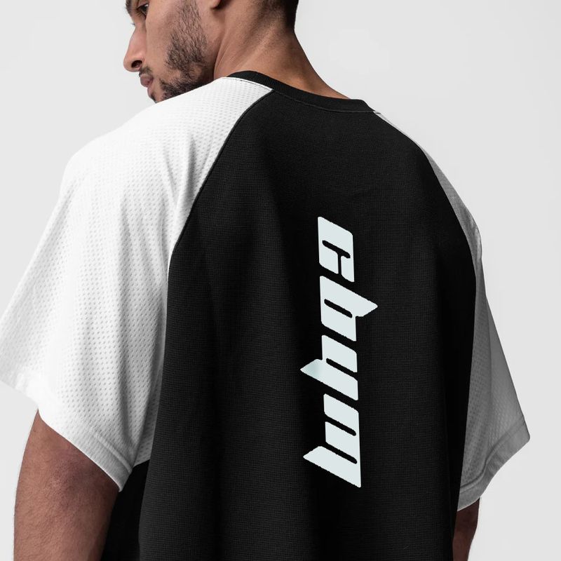 T-shirt de sport à manches courtes pour homme, style européen d'été, avec empiècement en maille gaufrée, séchage rapide, respirant et tendance._voghion.com