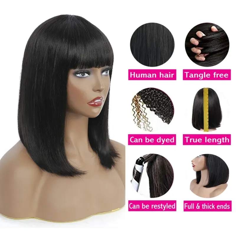 Bob-Perücke mit Pony, Echthaar, klebefrei, kurze Bob-Perücke für Frauen, verbesserte maschinengefertigte Mittelscheitel, 3x1 Spitzenperücke_voghion.com