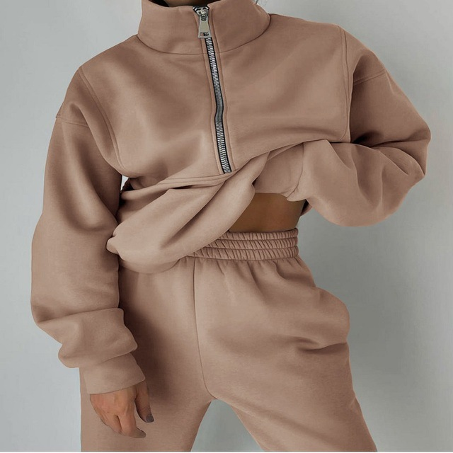 Stepping into the fashionable street trendsetter casual sports zipper fleece hoodie and pants two-piece set_voghion.com