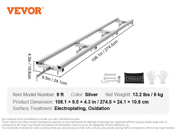 VEVOR Rail Mill Guide System, 9 ft Milling Guide, 4 Crossbar Kits Chainsaw Mill Rail Guide, Aluminum Adjustable Saw Mill Rail System Work with Chainsa_voghion.com