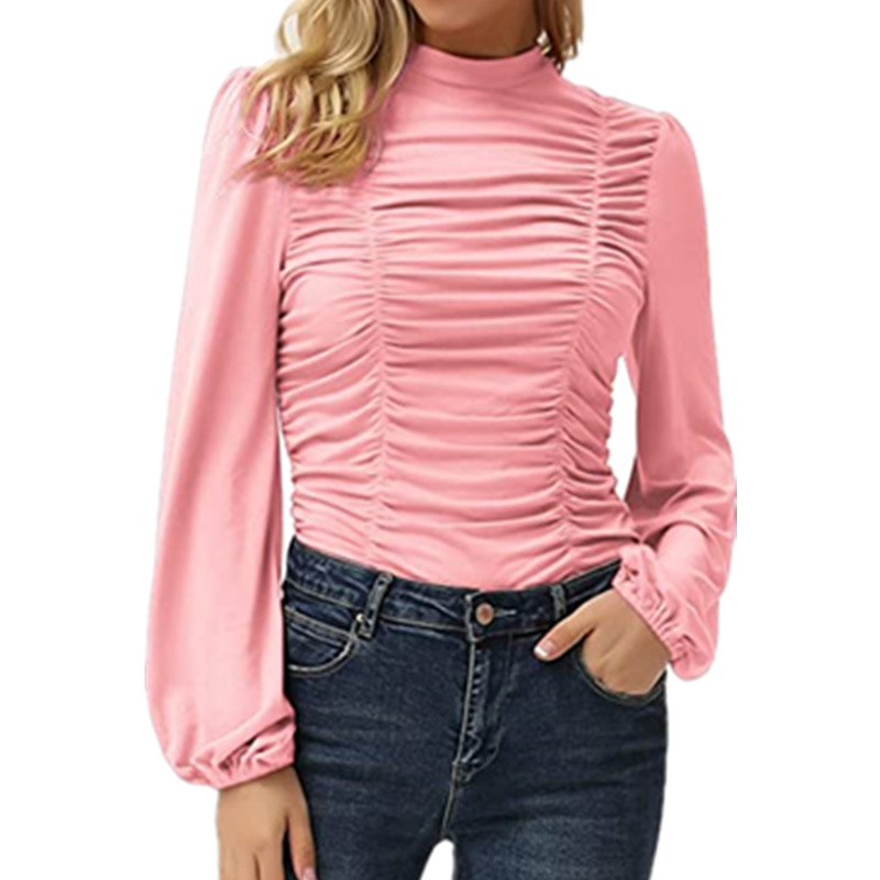 T-shirt slim fit con volant e decorazione a collo alto, manica lunga a lanterna, tinta unita, autunno/inverno 2025, per donna_voghion.com