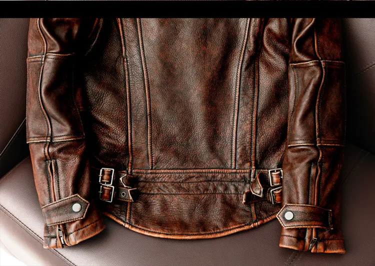Homens jaqueta de couro genuíno vintage marrom 100% casaco homem fino moda motociclista roupas tamanho asiático s6xl m697 gota_voghion.com