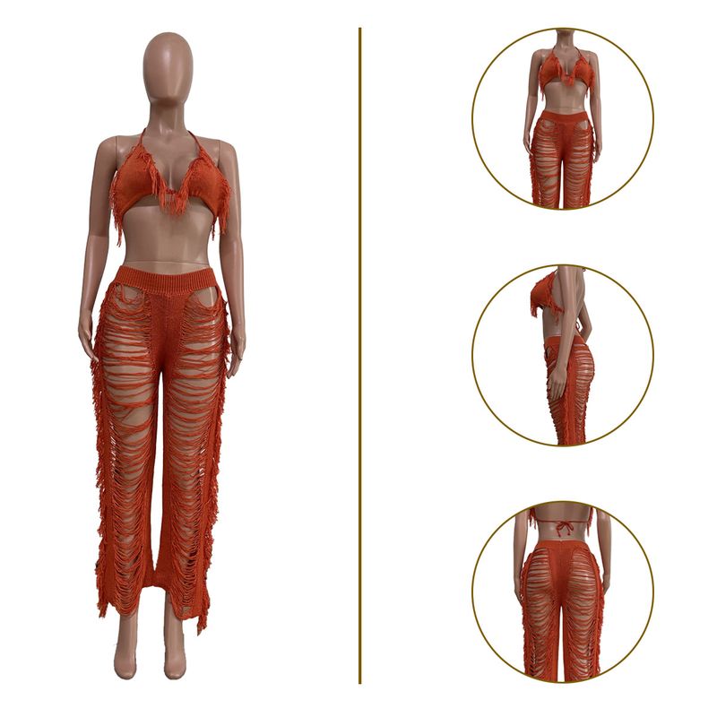 Audday TS1193 New Women's Solid Color Bikini Tassel Knitted Beach Shorts Set_voghion.com