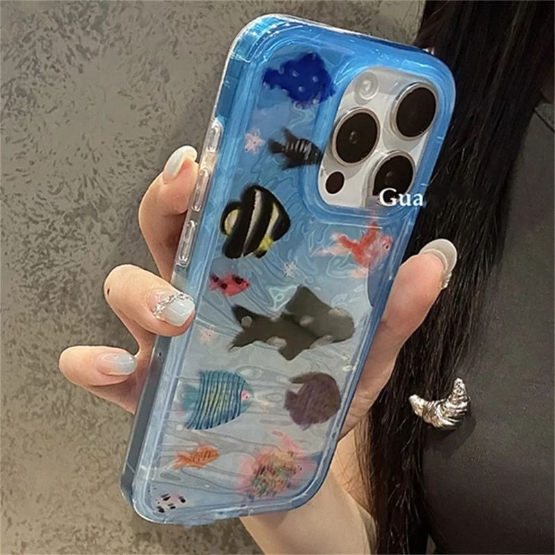 Cartoon Aquarium Ocean Fish Animal Phone Case For IPhone 16 15 13 14 12 Pro Max 11 INS Summer Water Lovely Soft Bumper_voghion.com