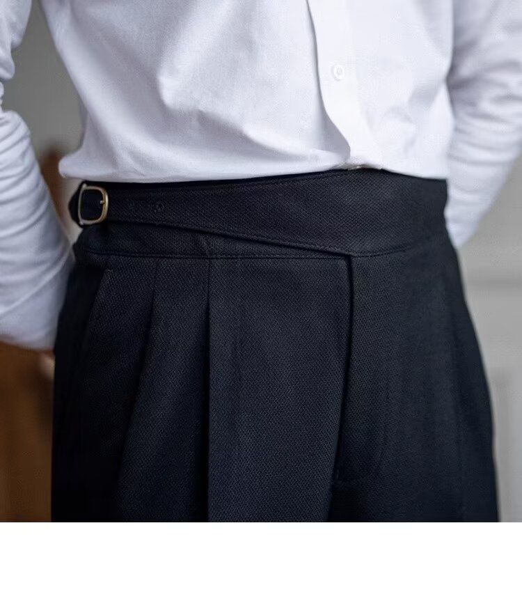 Herrenbekleidung Lässige Anzughose mit hoher Taille Herren Herbst Paris Schnalle Business Drape Gerade Hose Naples Retro Drape Anzughose_voghion.com