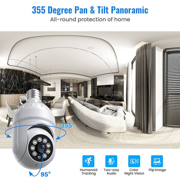 Cámara WiFi inalámbrica de 360 grados con visión nocturna a todo color y bombilla E27 de alta definición_voghion.com