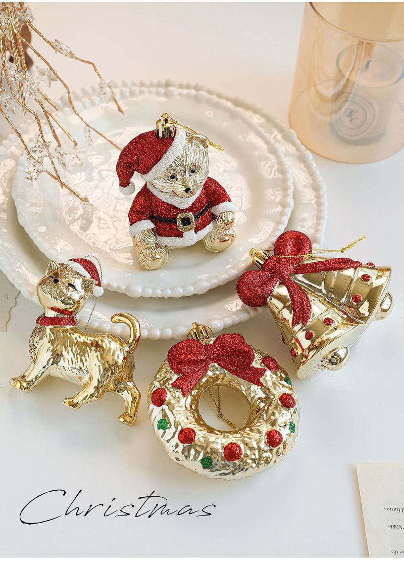 Glitzernde Hängeornamente aus Kunststoff – Cartoon-Tiere & festliche Formen (Bär, Katze, Kranz, Glocke, Ballonhund, Muschel, Kettenbeutel)_voghion.com