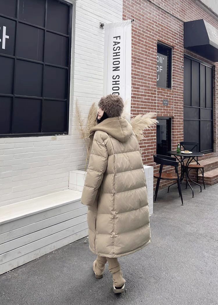 Women's Long Knitted Shawl Down Jacket – Korean Style Thick Loose Fit Winter Coat, Premium White Duck Down Filled Warm Outerwear_voghion.com