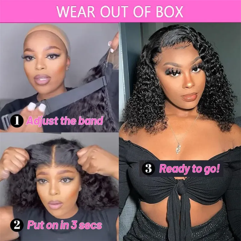 Perucas de renda frontal profundas e cacheadas, cabelo humano para mulheres, bob curto, sem cola, perucas de renda frontal HD_voghion.com