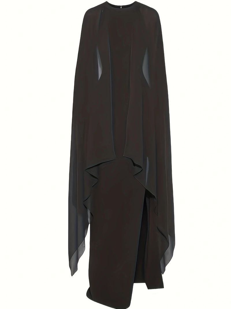 Elegant Plus Size Long Evening Dress With Slit & Batwing Sleeves - Stretchy Polyester Formal Gown For Women (Red, Blue, Black, 1XL-4XL)_voghion.com