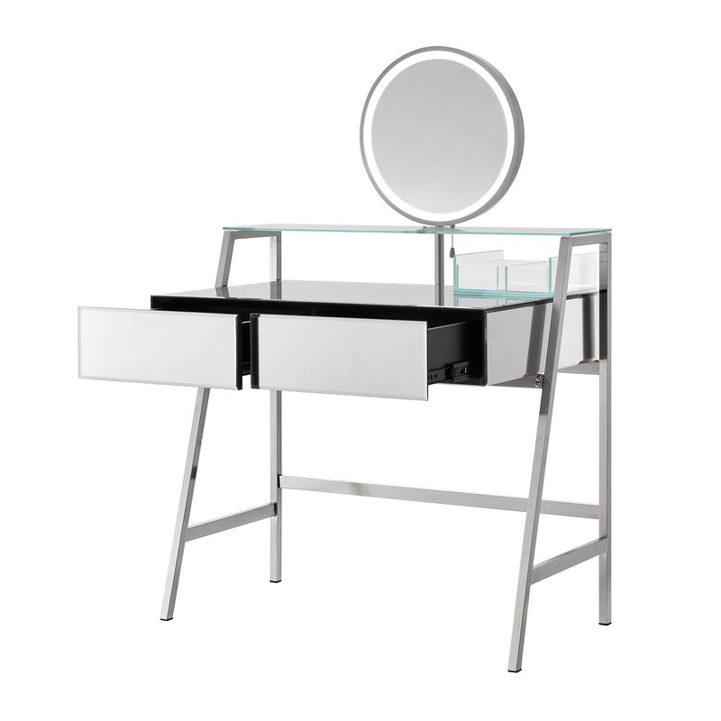 33.9" Mirrored Makeup Vanity Desk With Mirror And Lights, Mirrored Console Vanity Table With 2 Big Drawers & Open Shelf, Dressing Table With Charging Station For Bedroom, Silver_voghion.com