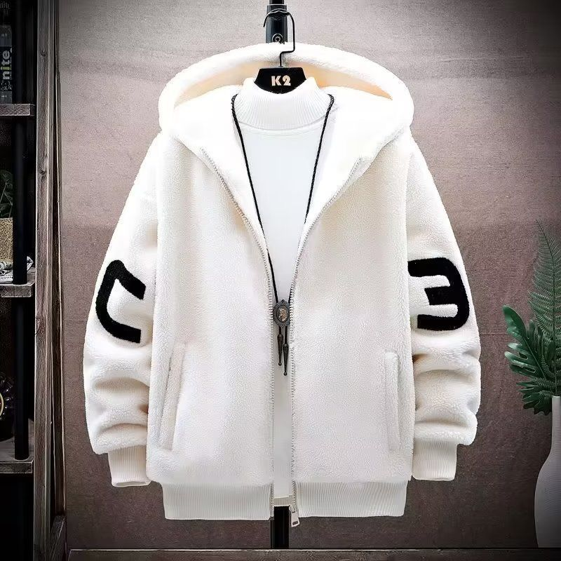 Lammwolle Mantel Herren Trend mit Hut große Größe Herbst und Winter gepolsterte Jacke lose lässige warme Paar gepolsterte Jacke_voghion.com