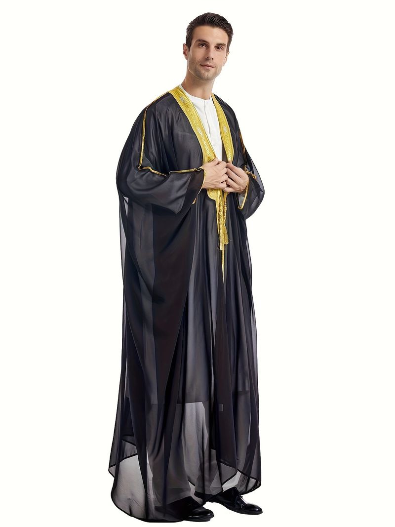 Men's Clothing Middle East Dubai Turkish Muslim Men's Bachelor's Clothing Embroidered Contrast Color Chiffon Robe Thobe_voghion.com