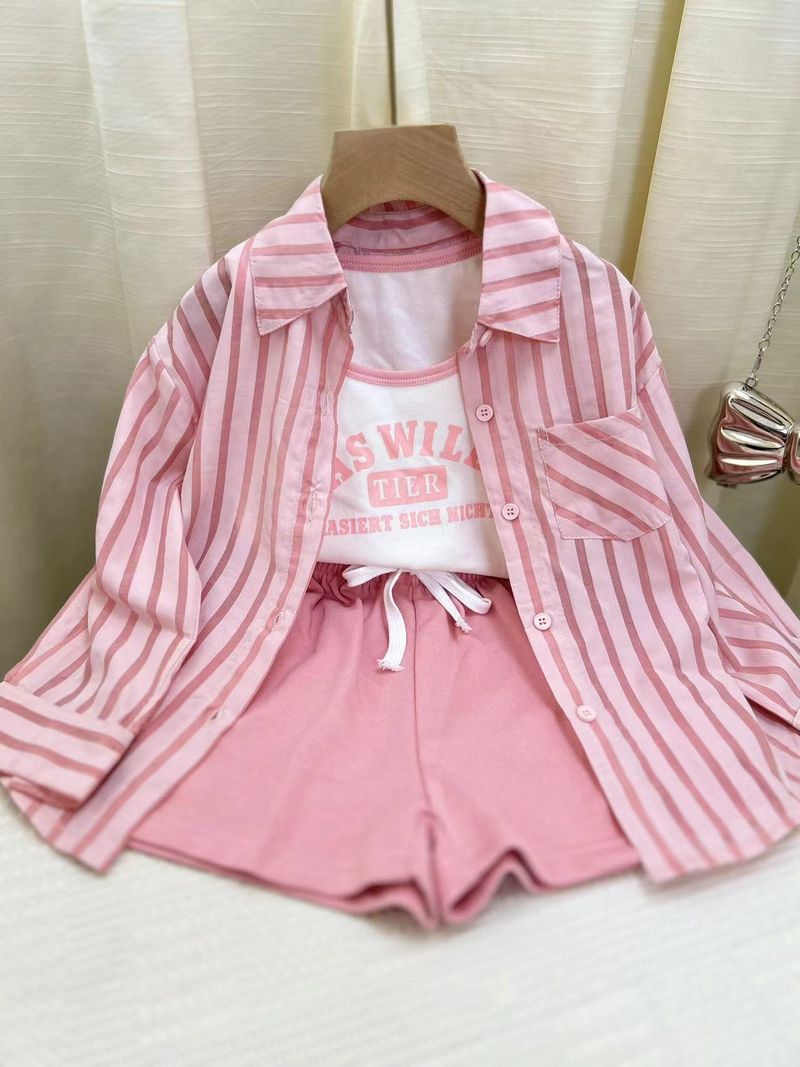 Kid's Clothing 2024 early autumn new girls' casual striped sunscreen shirt stylish vest shorts three piece set_voghion.com