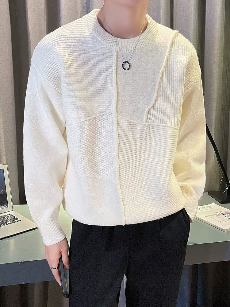 Men’s Premium Knit Sweater – Winter Round Neck Long Sleeve Cardigan, Solid & Spliced Design (Black/White/Burgundy/Brown, M-3XL)_voghion.com