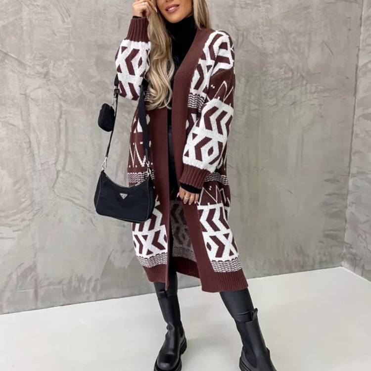 Damen-Strickjacke, mittellanger, lockerer, geometrischer, übergroßer Mantelpullover_voghion.com