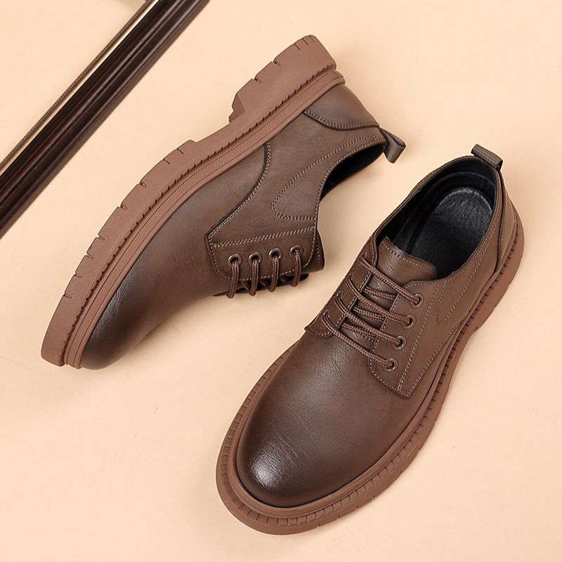 Suitable For All Seasons Men's Leather 2024 Low-top British Style Round Toe Chunky Work Thick-soled Casual Derby Shoes_voghion.com