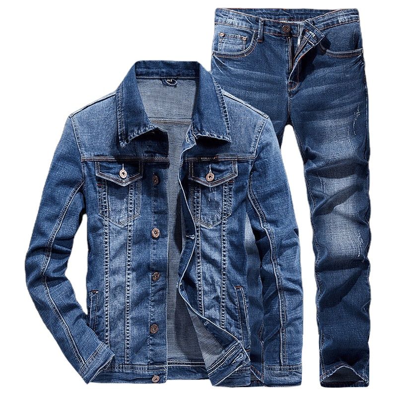 Mode Hot Selg pak op maat Fiess tweedelig heren fiets denim jack en jeans stof casual gebreid_voghion.com