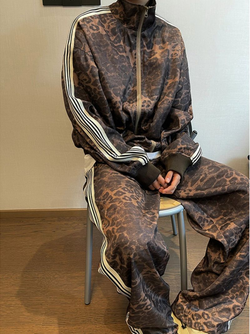 Men's Clothing Retro Leopard Print Sports Suit Jacket Trendy Brand Men's Vintage Digital Print Striped Jacket Sweatpants_voghion.com