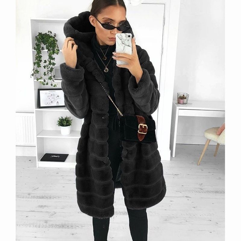 Nuovo cappotto largo in pelliccia di coniglio con cappuccio e tasche laterali per donna, autunno/inverno_voghion.com
