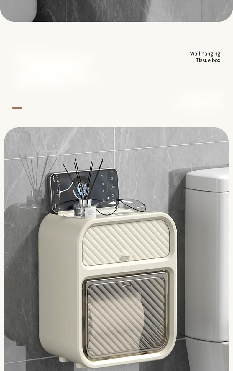 Cream Style Bathroom Box Light Luxury No-Drill Double-Layer Wall-Mounted Storage Rack For Toilet Paper And Facial Tissue_voghion.com