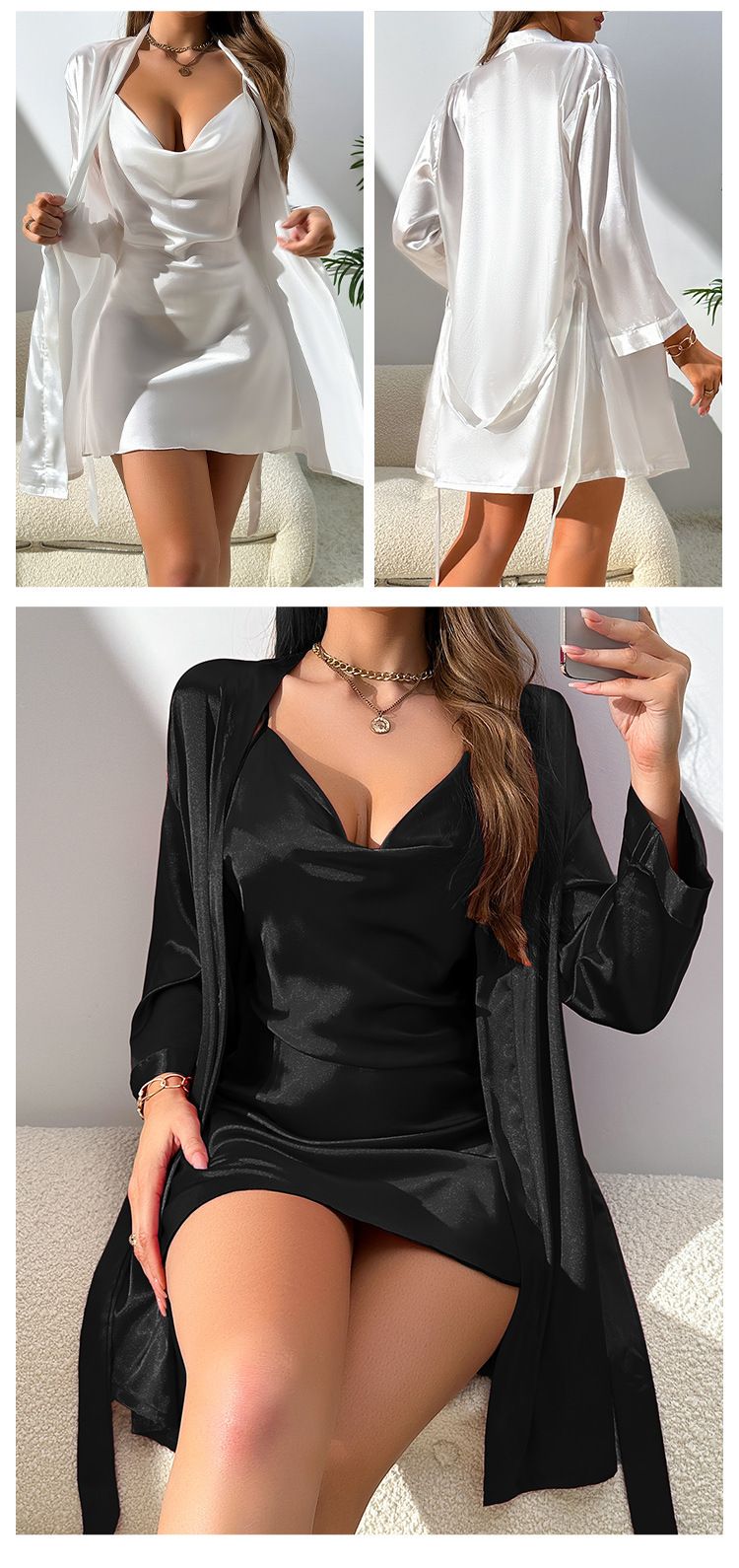 Damen Nachtwäsche Zweiteiliger Sling-Bademantel Lässige Heimkleidung Sexy Mode_voghion.com