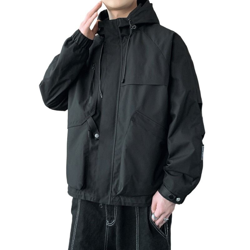 Giacca da lavoro con cappuccio, giacca casual ampia da uomo, giacca mimetica con colletto rialzato e tasche grandi_voghion.com