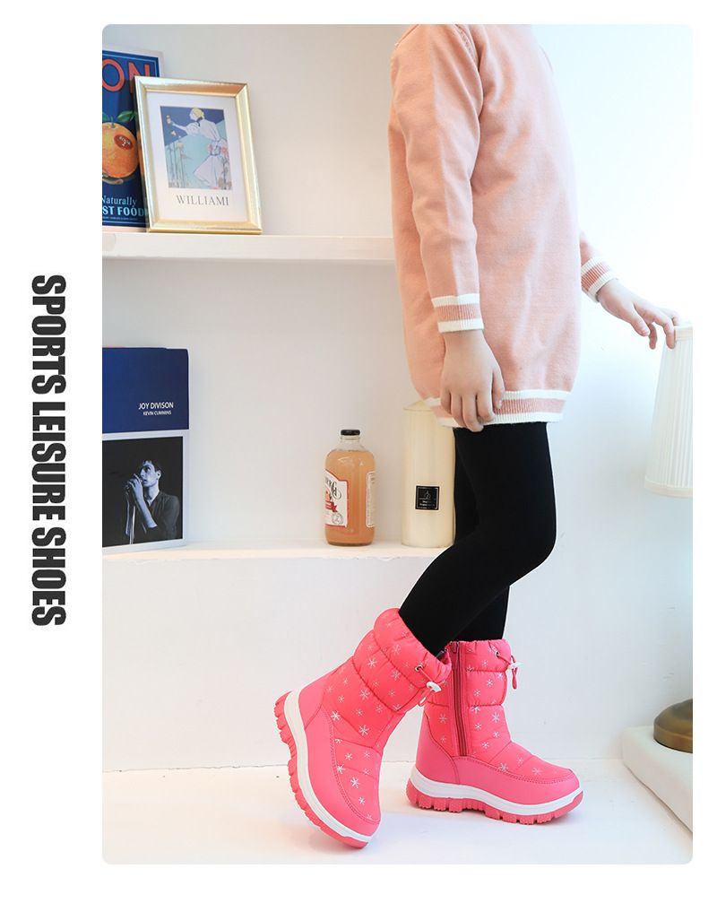 2023 Winter neue Kinder Schneestiefel Schneeflocke hohe Röhre Kinder süße Mode Baumwollschuhe lässig weiche Unterseite warme Stiefel_voghion.com