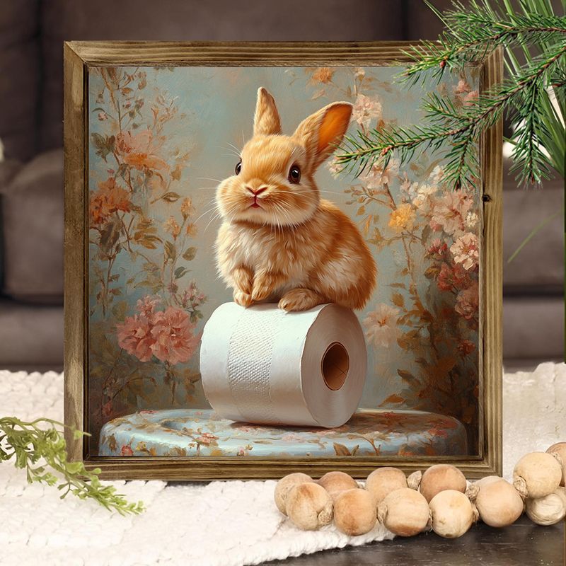 8x8" Rustic Bunny On TP Roll Wood Sign - Whimsical Floral Wall Art For Bathroom/Café, Perfect Rabbit Lover's Decor_voghion.com