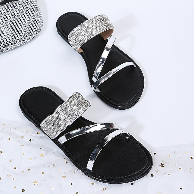 Women's Shoes Large Size Casual Slippers Summer New Round Head Rhinestone Flat Sandals_voghion.com