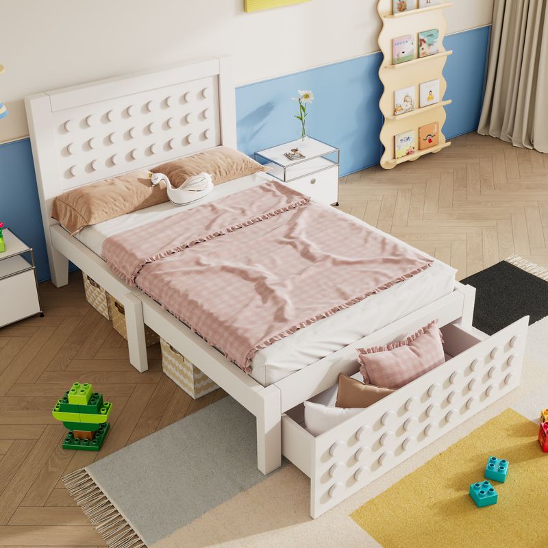 Holzbett 90x190cm Mit Blockdesign, Massivholz, Schubladen, Stauraum, Blanc_voghion.com