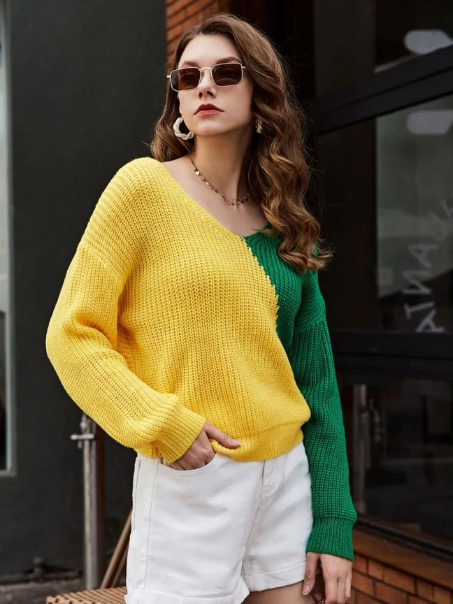 Maglione a V con giunture multicolori a maniche lunghe da donna_voghion.com