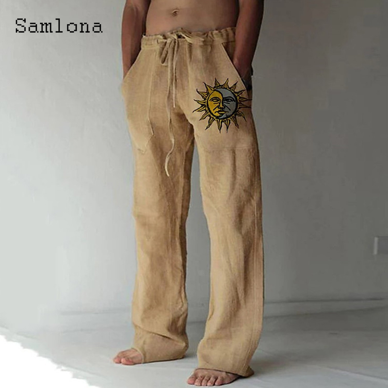 Samlona 2022 männer Taschen Design Leinen Hosen Kordelzug Lose Hosen Plus Größe 3xl Mens Fashion Vögel Feder Drucken_voghion.com