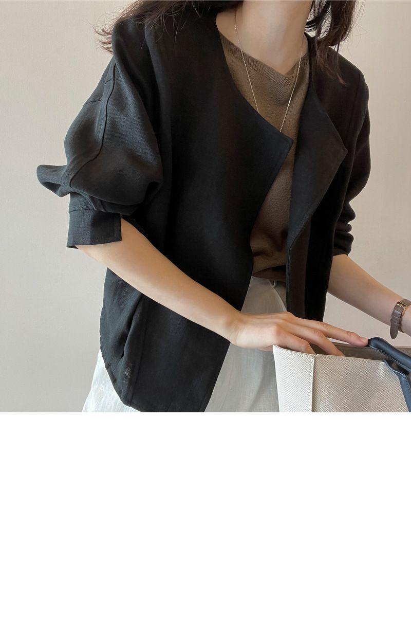 Korean chic 2024 summer new cotton and linen cardigan solid color simple thin style cuffs slit long sleeved short jacket_voghion.com