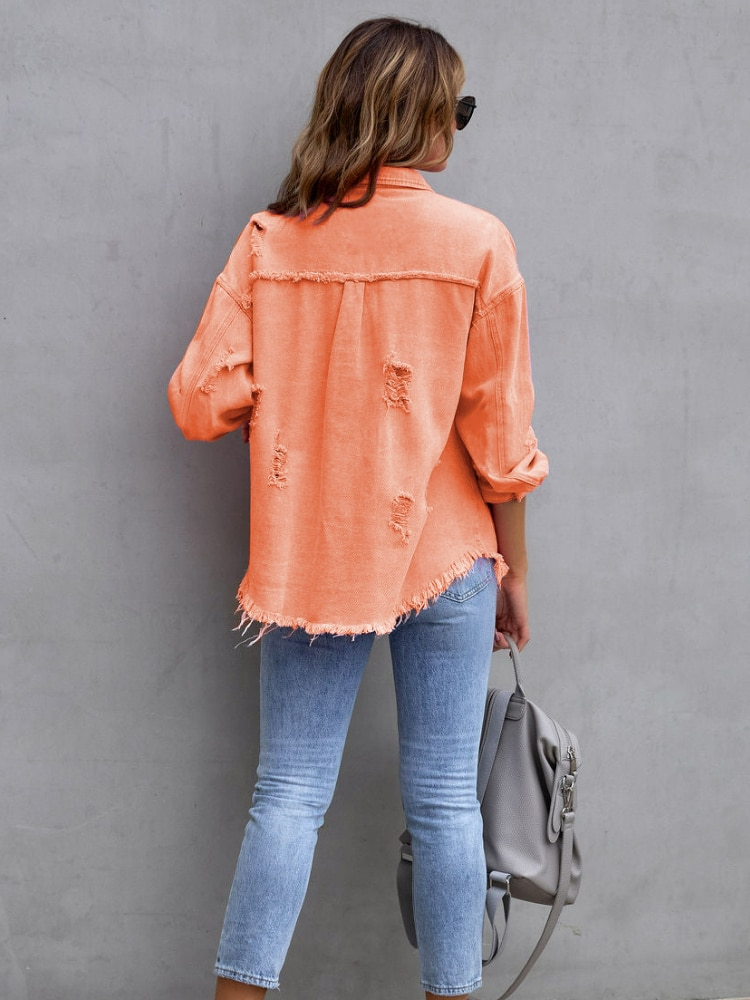 Chaqueta vaquera con bordes rugosos y agujeros para mujer, chaqueta informal con solapa, temperamento de primavera y otoño, novedad de 2023_voghion.com