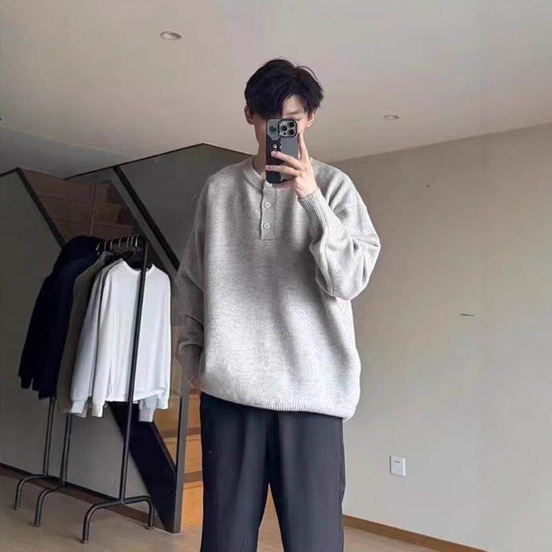 New Henry collar sweater for men, suitable for autumn and winter, trendy and cool men's base knit sweater_voghion.com