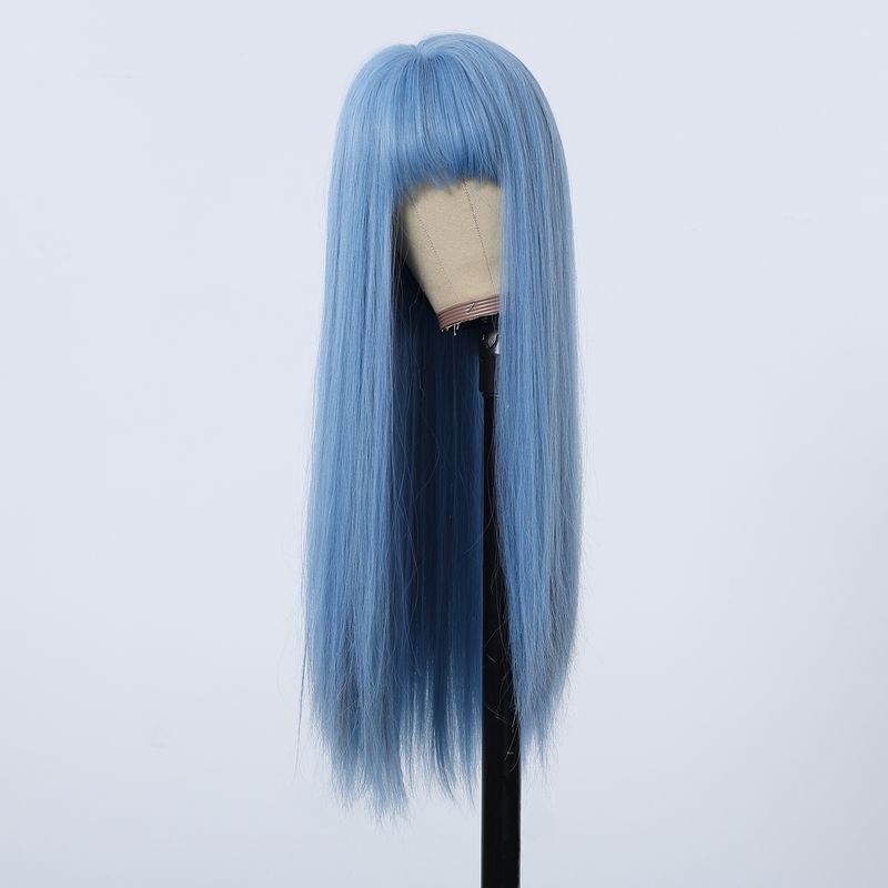 Parrucca sintetica lunga e dritta blu con meches cenere, parrucca cosplay con frangia, capelli naturali quotidiani per donne, fibra resistente al calore_voghion.com